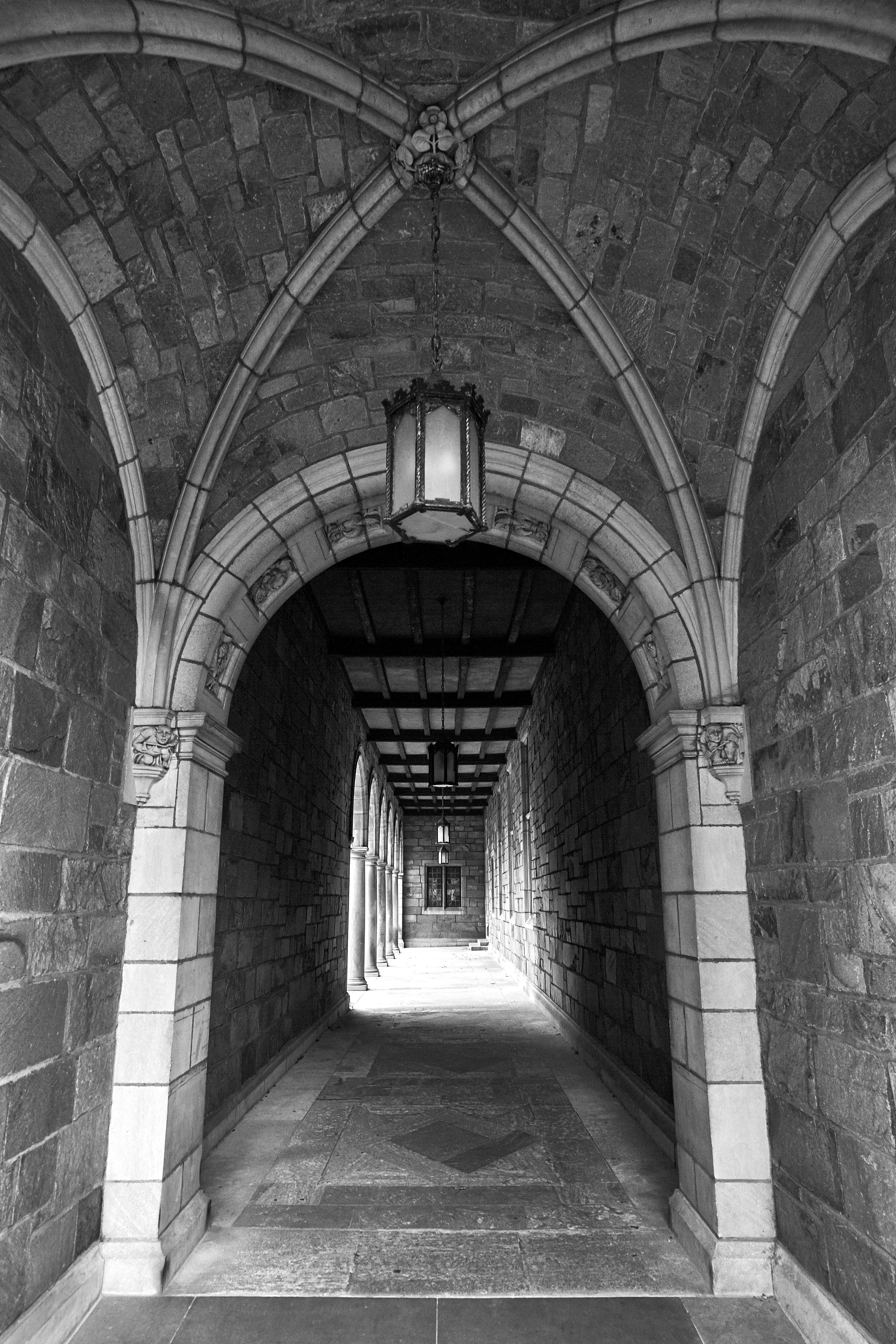 grayscale photography of an arc hallway